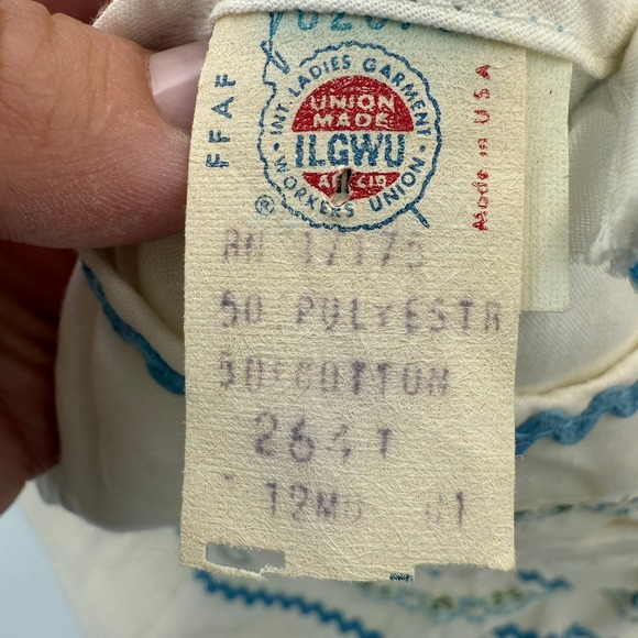 Vintage Baby Pinafore Dress Ruffle Blue Trim Embroidered Cotton Blend 12M - Picture 3 of 10